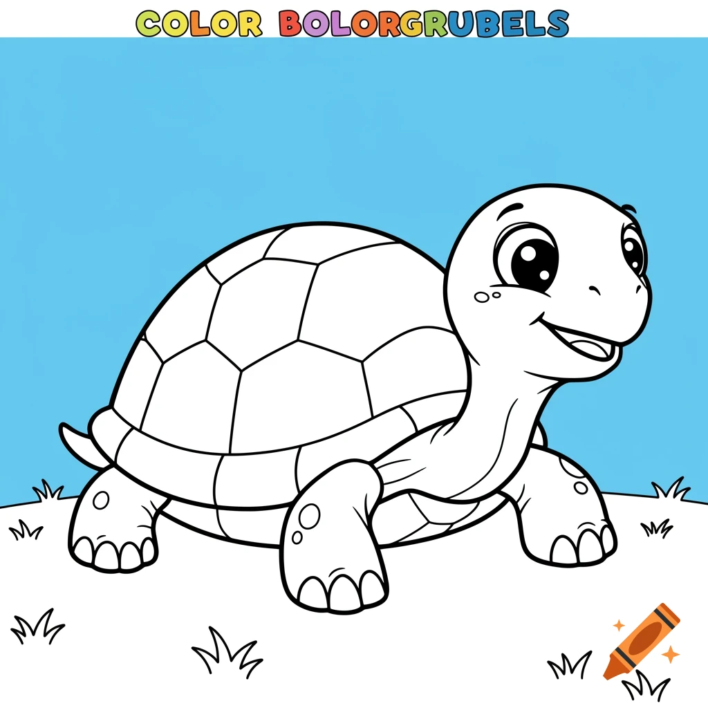Black and white cartoon of a smiling turtle on grass, a coloring page.