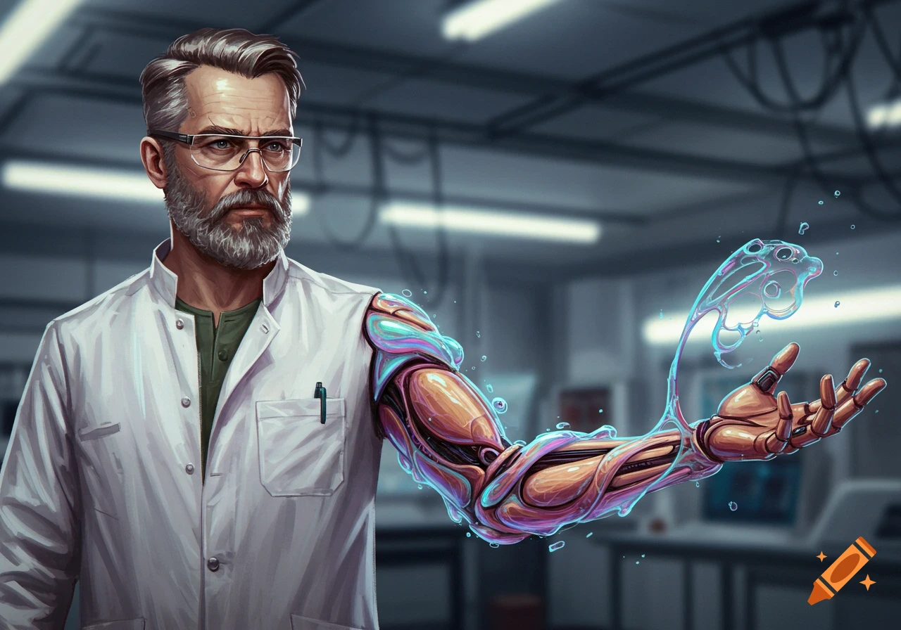 A scientist in a lab coat with a futuristic, fluid-like robotic arm in a laboratory.
