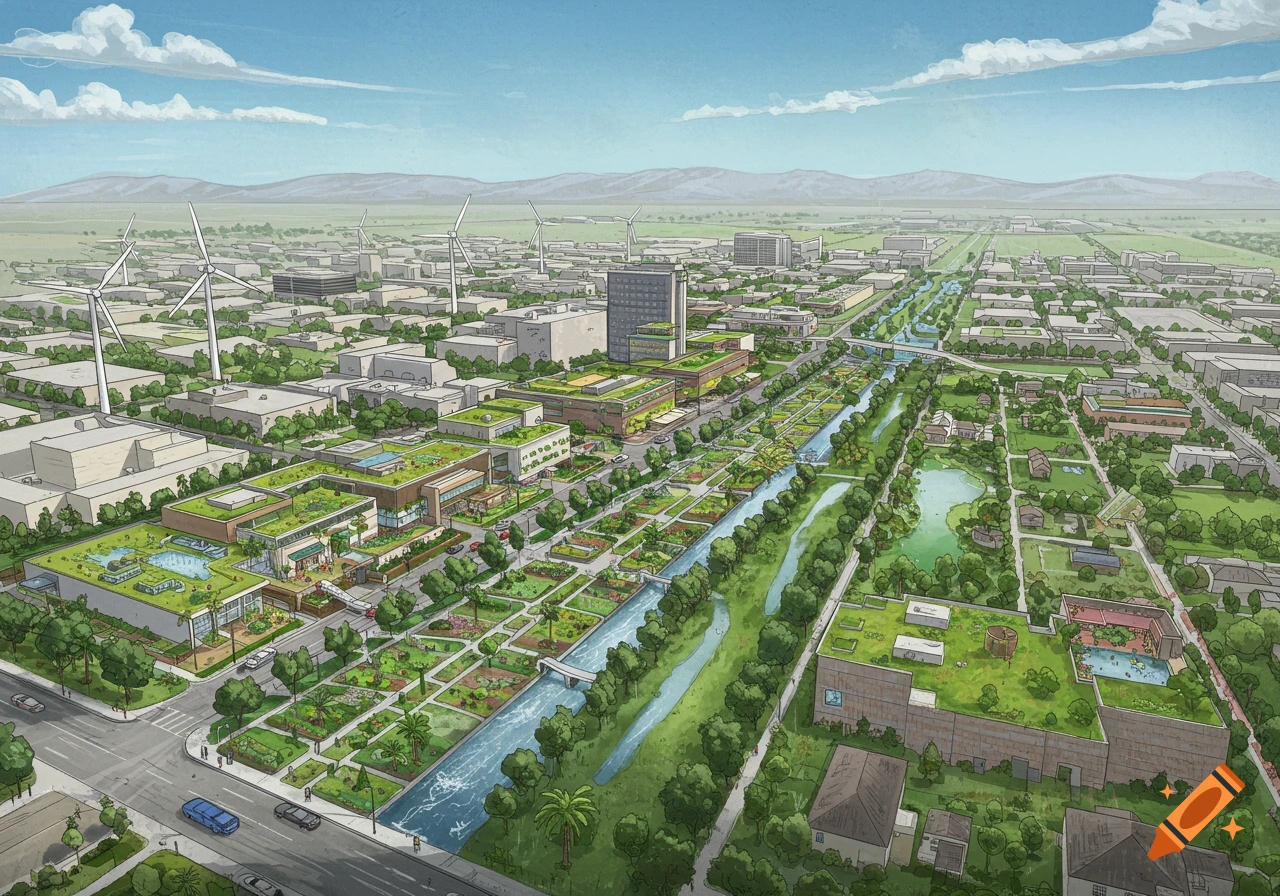 Aerial view illustration of a sustainable city with green roofs, canals, parks, and wind turbines.