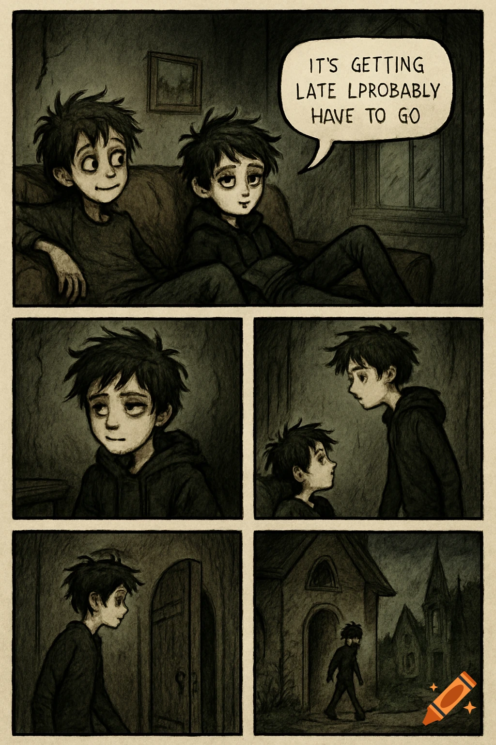 A gothic sketch comic strip. Two boys hang out, one leaves into the dark night.