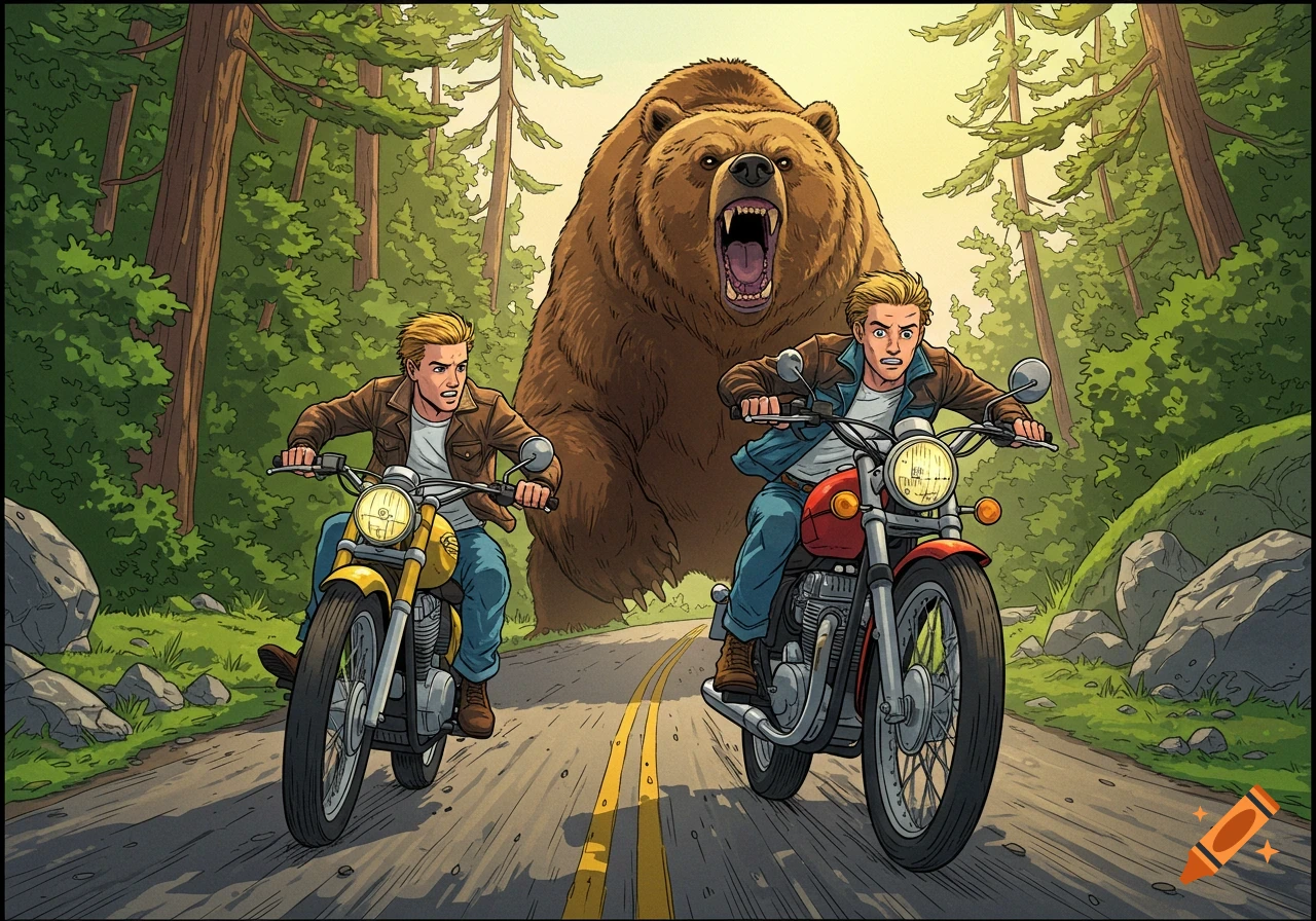 Two men on motorcycles chased by a giant bear on a forest road, comic book style.