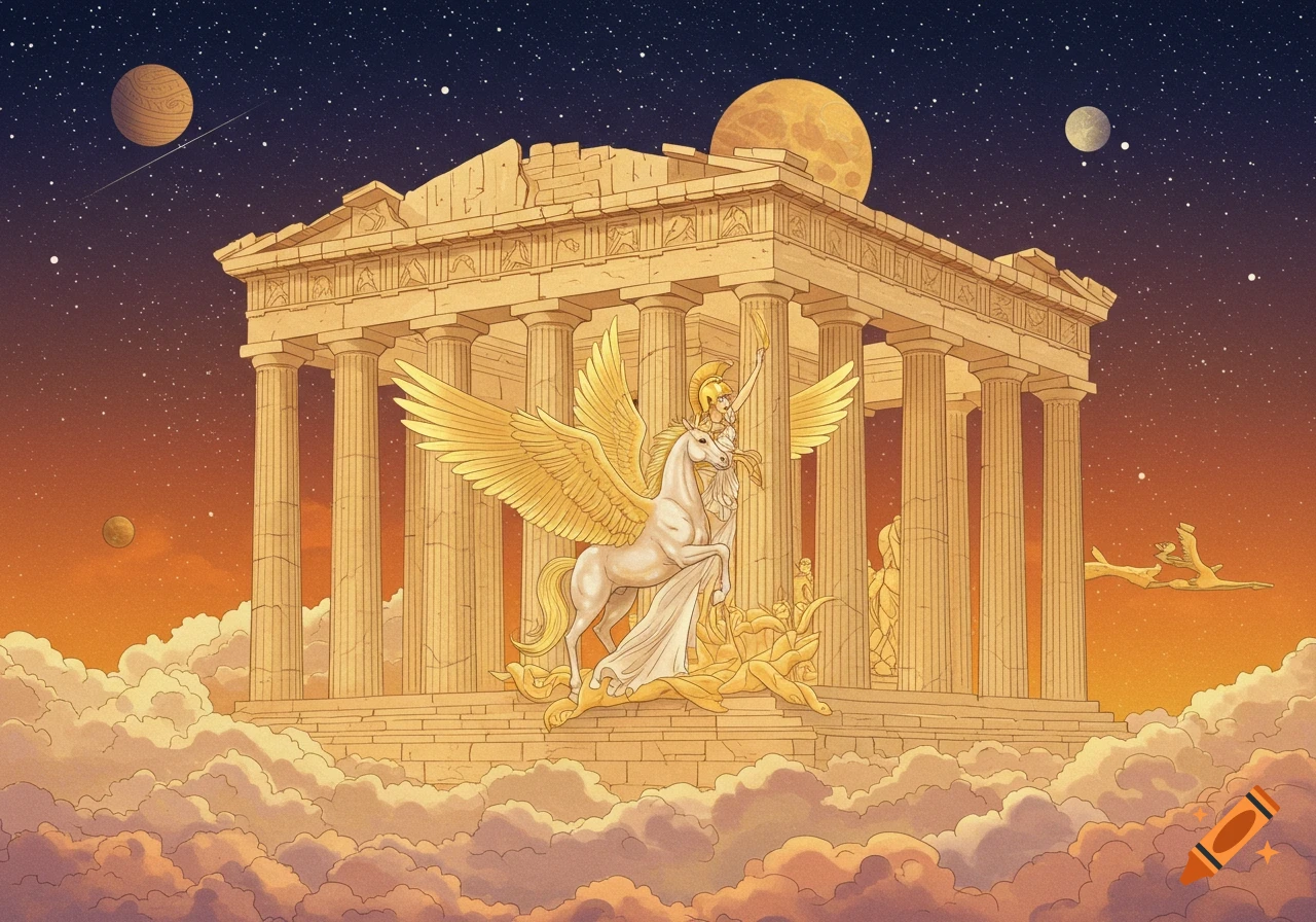 Illustrative depiction of the Parthenon temple floating on clouds with Pegasus carrying a figure, set against a starry sky.