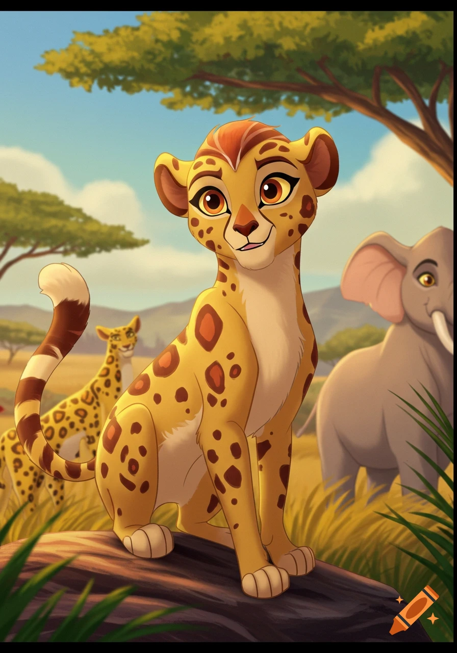 Cartoon cheetah sits on a log in a safari landscape with other animals.