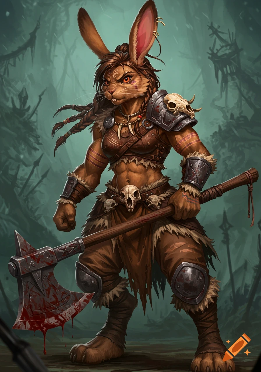 Muscular rabbit warrior holding a bloody axe stands in a dark forest ...