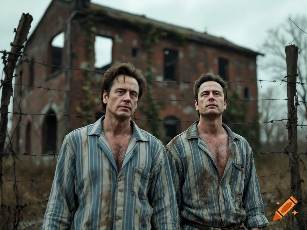 Two men in striped clothes behind a barbed wire fence with an abandoned building in the background, photorealistic.