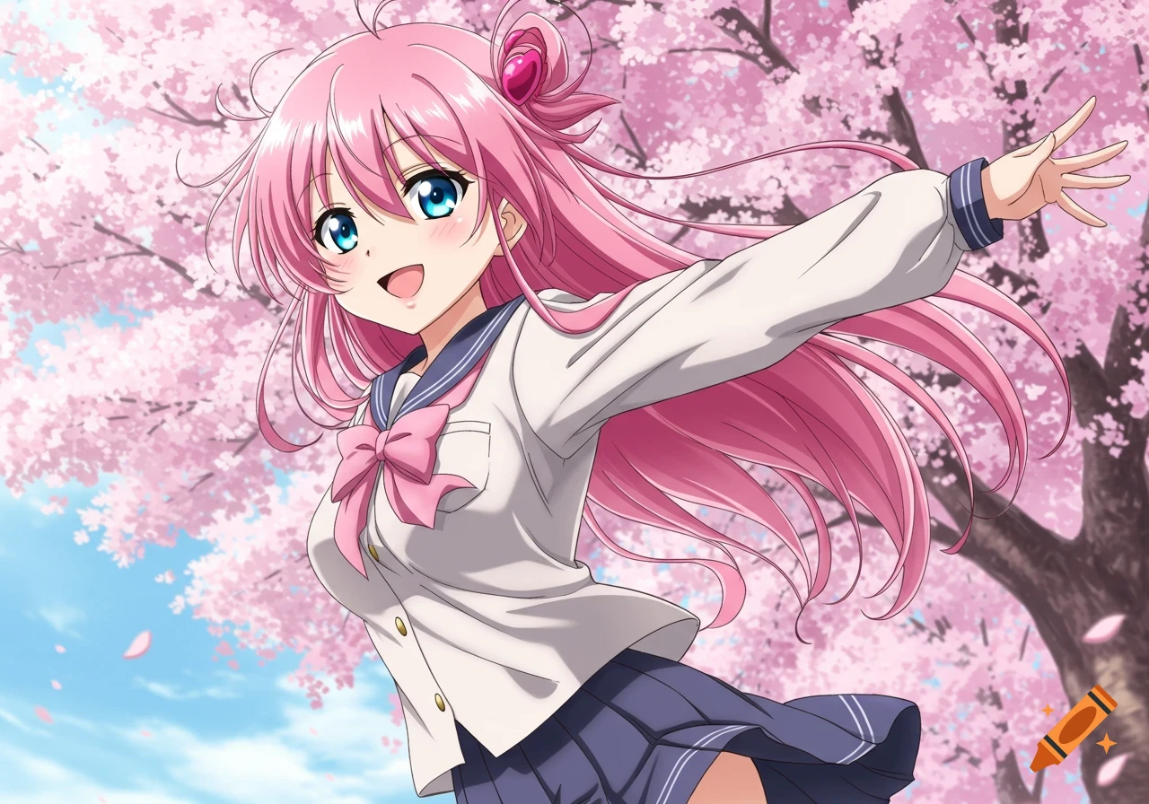 An anime girl with pink hair and blue eyes smiles, wearing a school uniform, surrounded by pink cherry blossoms.