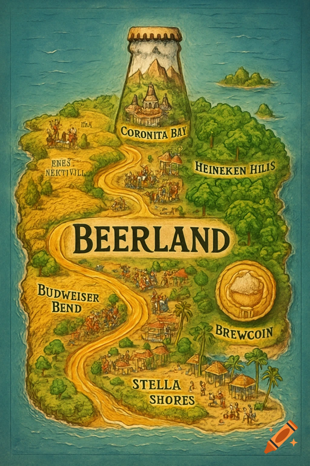 A fantasy map of 'Beerland' shaped like a beer bottle, with beer-themed locations and figures, in a whimsical illustrated style.