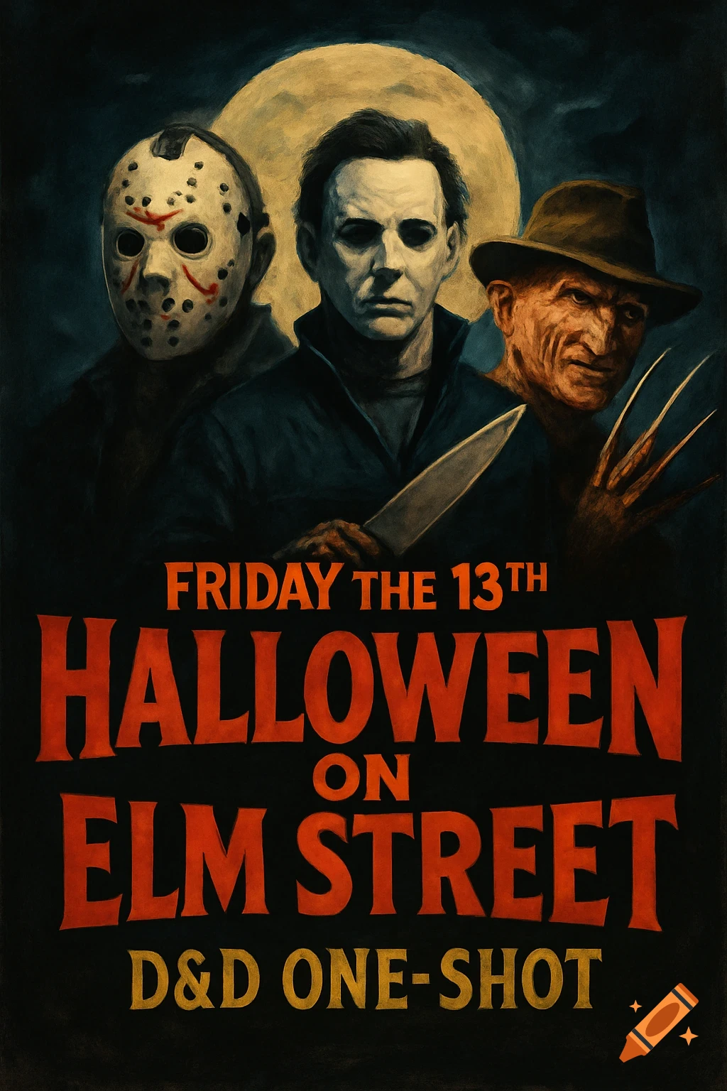 Illustration of Jason, Michael Myers, and Freddy Krueger under a full moon with text.