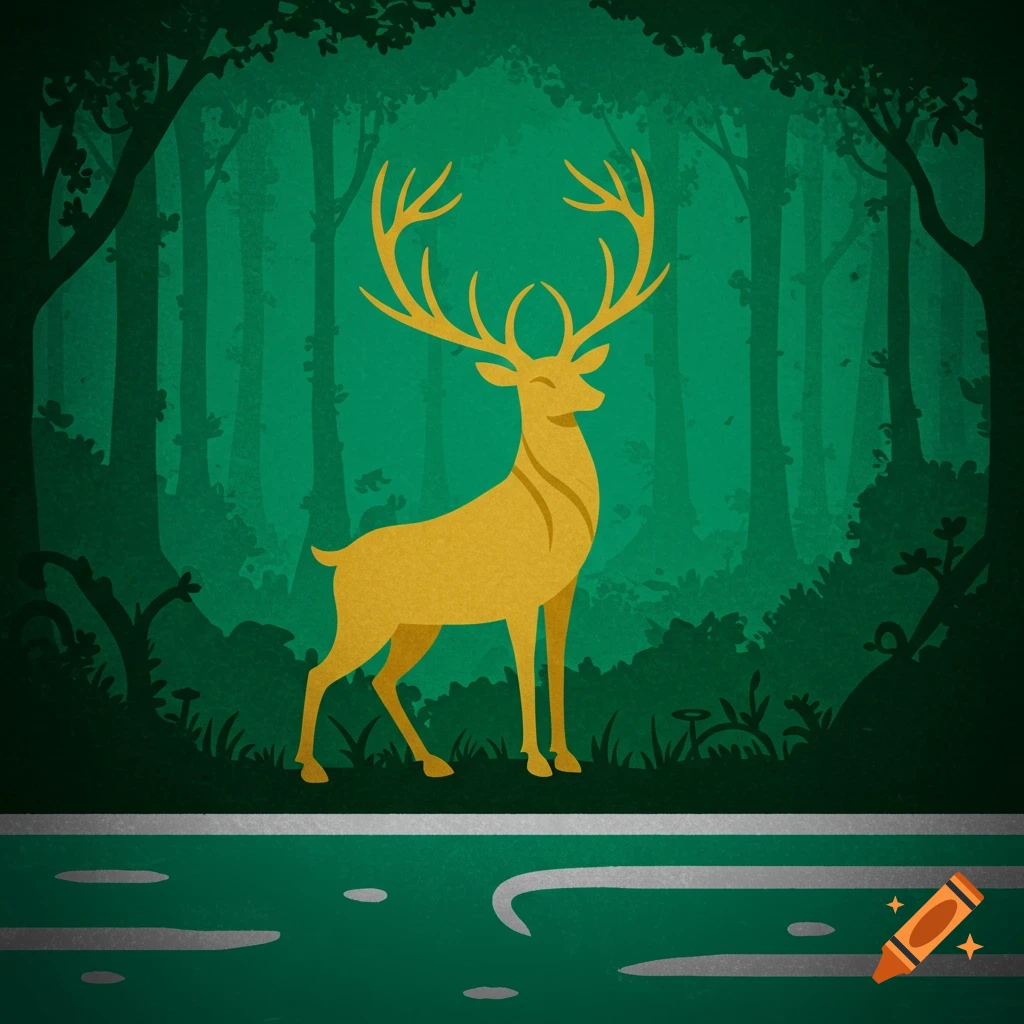 Golden deer in a dark forest utopian landscape.