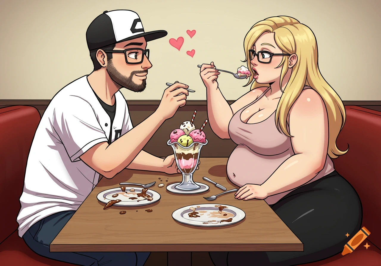 Cartoon illustration of a couple sharing an ice cream sundae in a restaurant booth.
