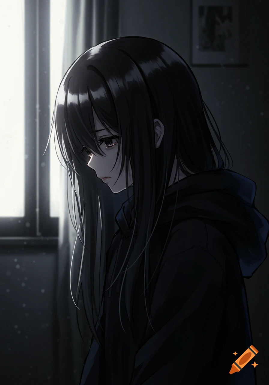 Anime girl with long black hair looking down in a dark room by a window.