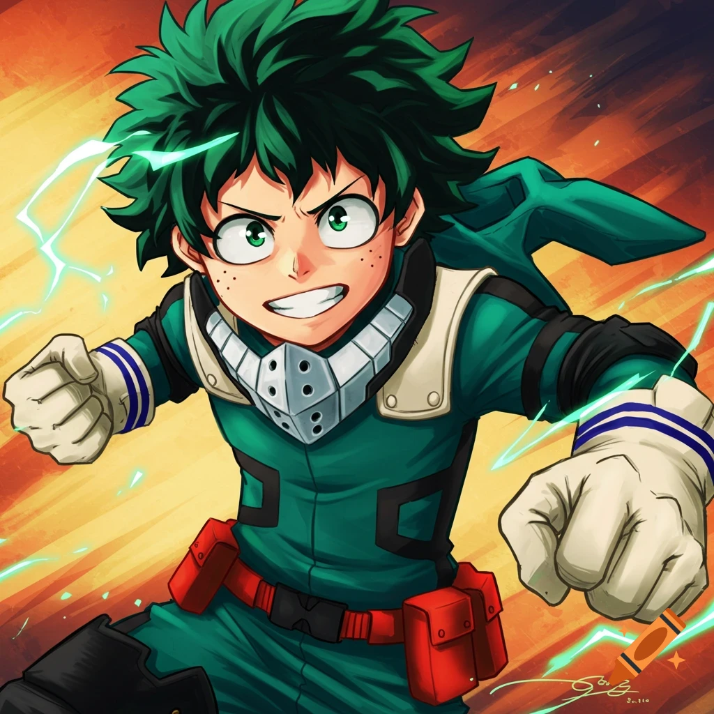 Anime illustration of Izuku Midoriya lunging forward with glowing energy.
