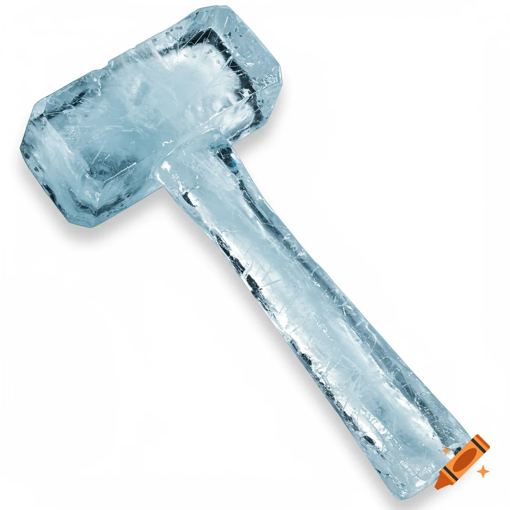 A hammer made of ice on a white background.