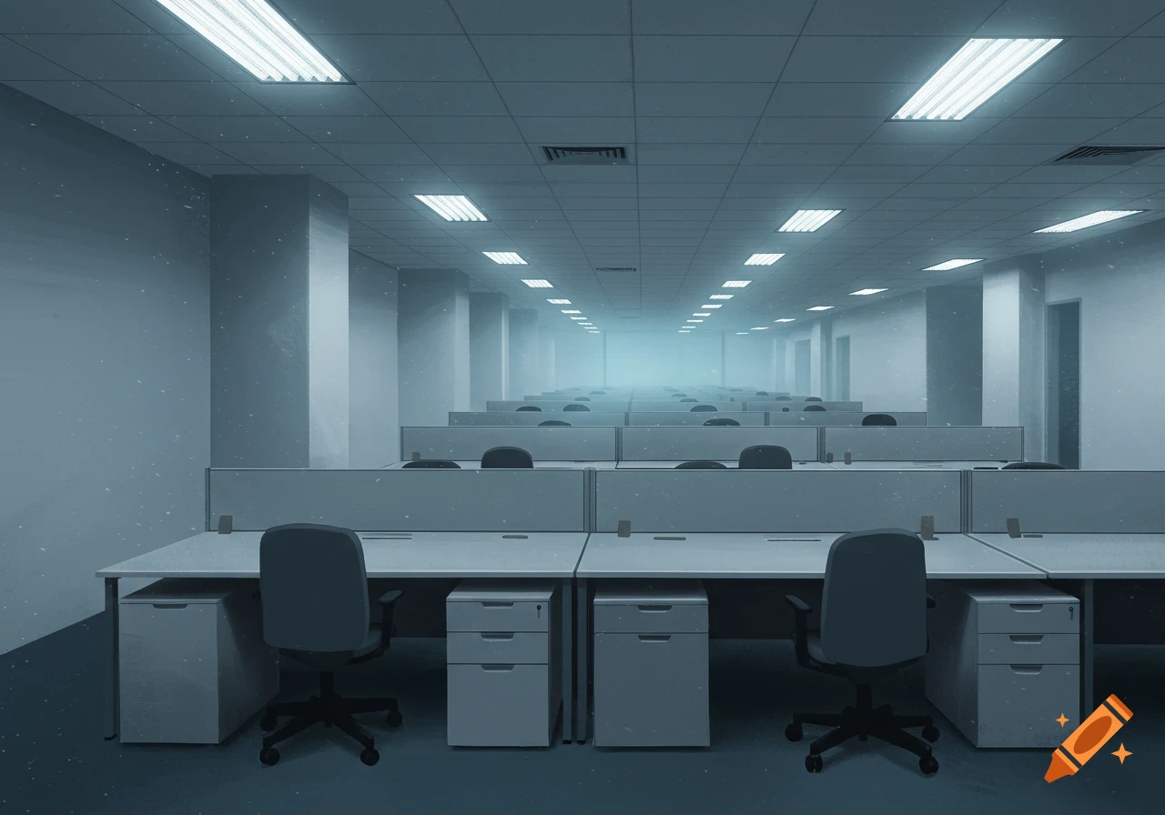Empty office hallway with rows of cubicles receding into a distant light, creating a liminal space.