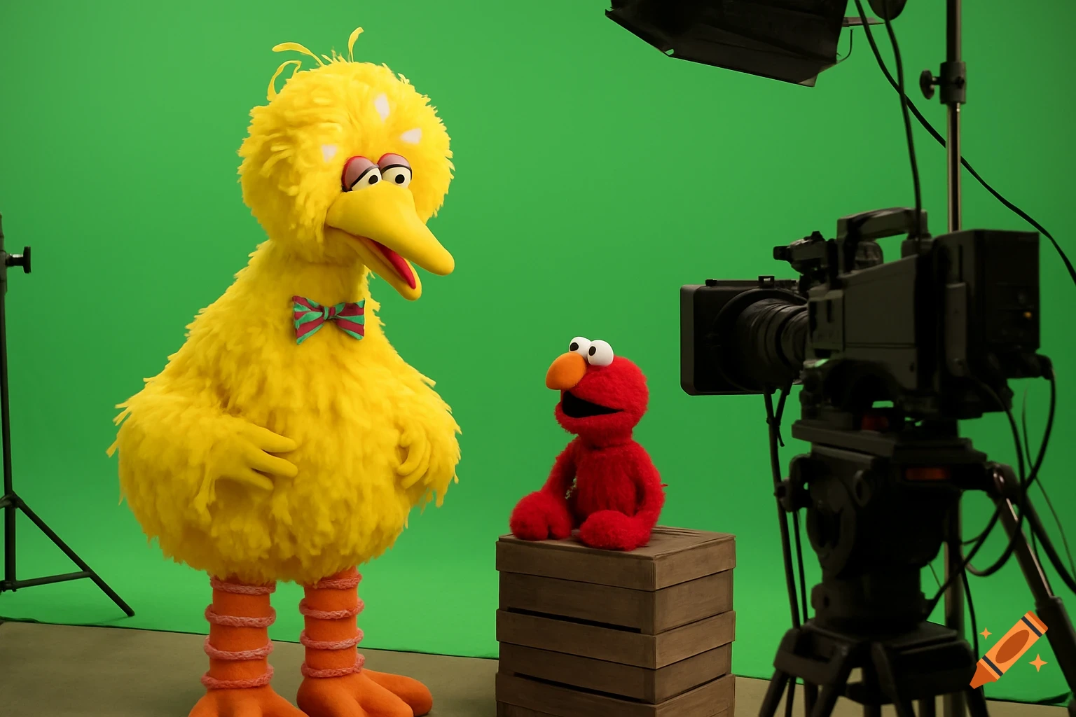 Big Bird and Elmo stand on a green screen set next to a professional camera.