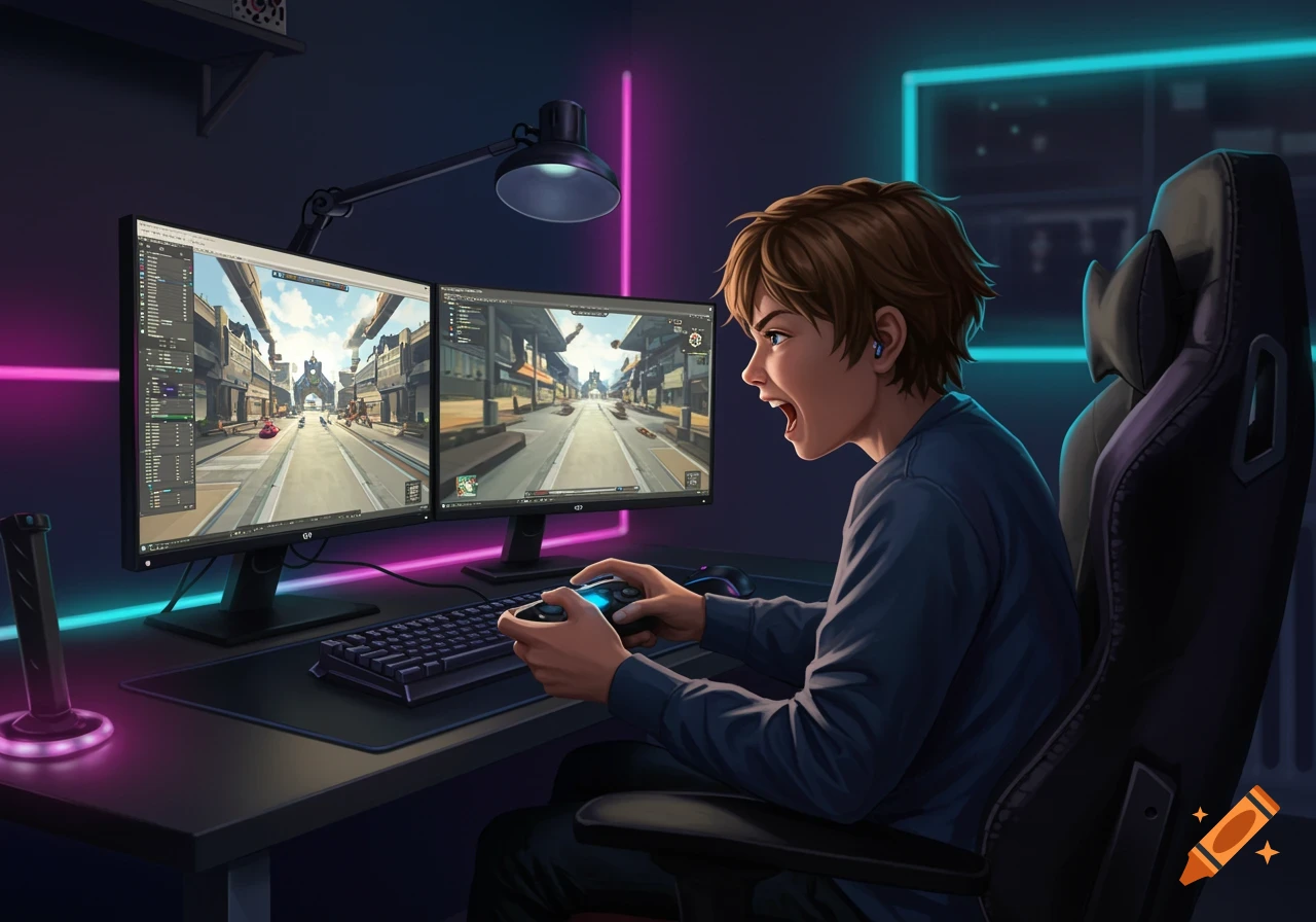 A boy plays a video game on a dual monitor setup in a neon-lit room.