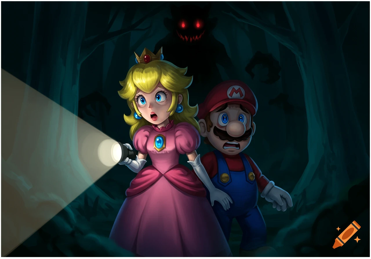 Mario and Peach scared in a dark forest with a scary shadow, Peach holds a flashlight.