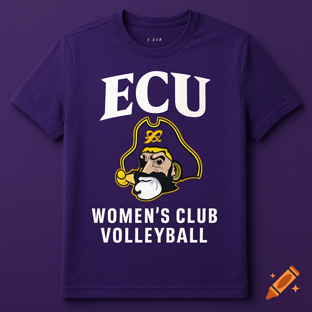 A purple t-shirt with the ECU pirate logo and "ECU Women's Club Volleyball" text.