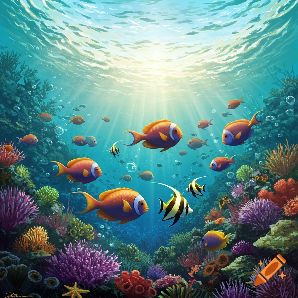 Fish swim among a colorful coral reef with sunrays filtering from the surface.