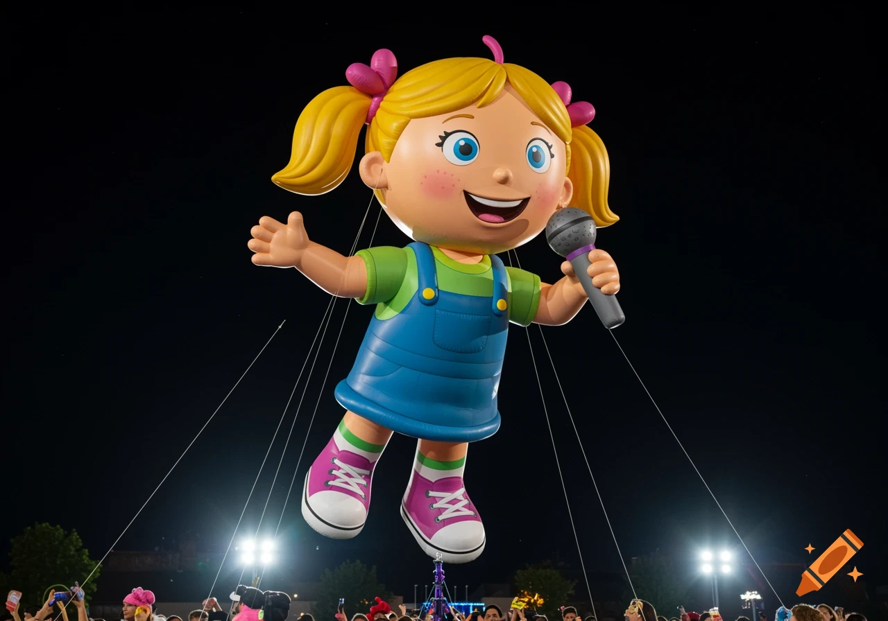 Large inflatable cartoon girl character balloon holding a microphone floats at night.