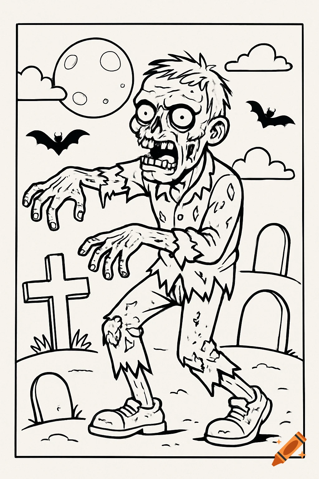 Stylized line drawing of a zombie in a graveyard with bats and full moon.