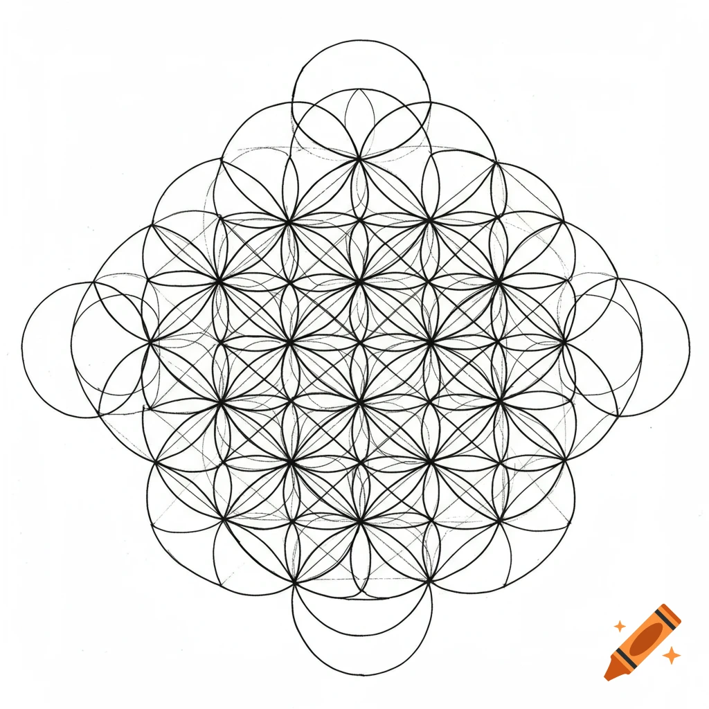 Hand drawn line art of the Flower of Life geometric symbol