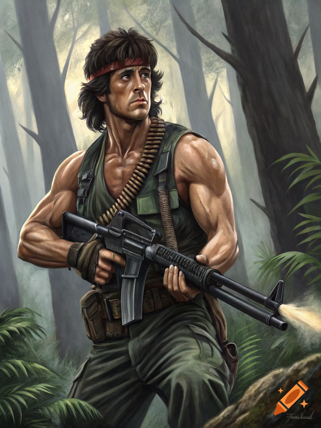 Painting of Rambo holding a rifle in a jungle.