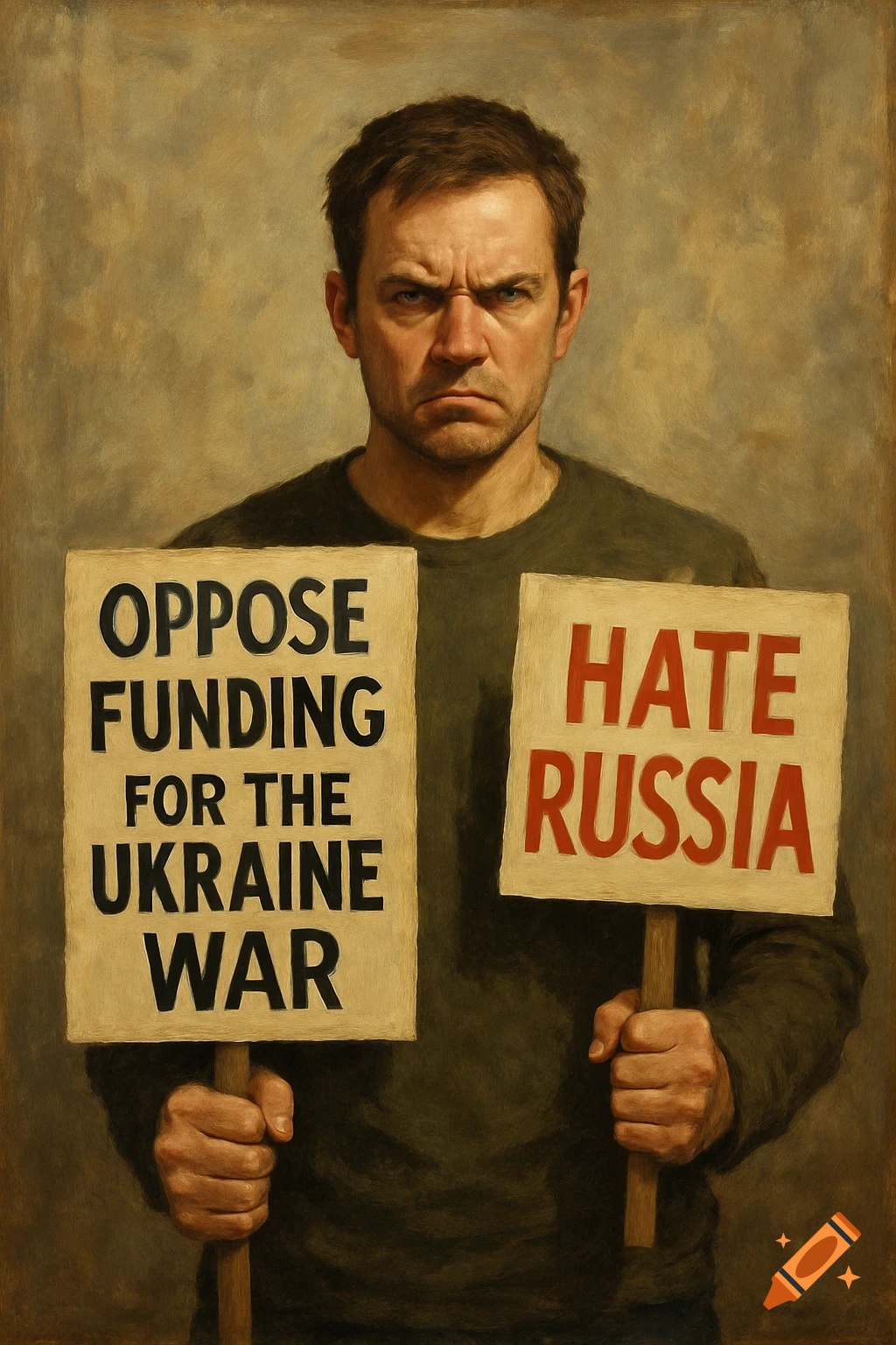 A man holds two protest signs. One says "OPPOSE FUNDING FOR THE UKRAINE WAR" and the other says "HATE RUSSIA". The image has a painterly style.