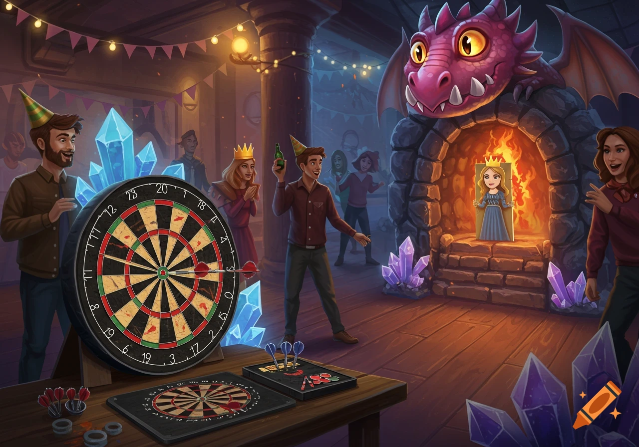 People play a party game of darts aiming at a dragon setup to rescue a princess figure.
