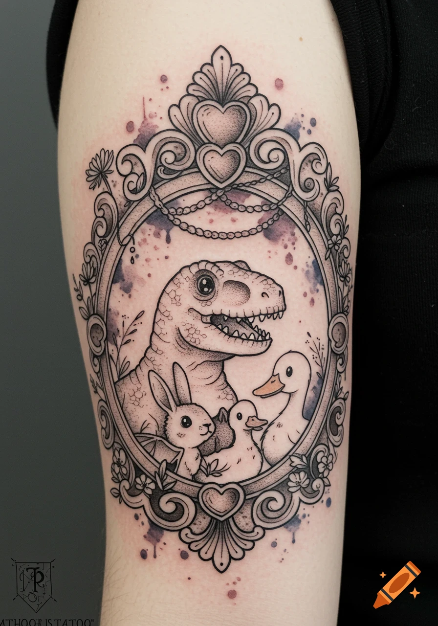A cartoon tattoo of a dinosaur, bunny, and ducks in a victorian gothic frame on an arm.
