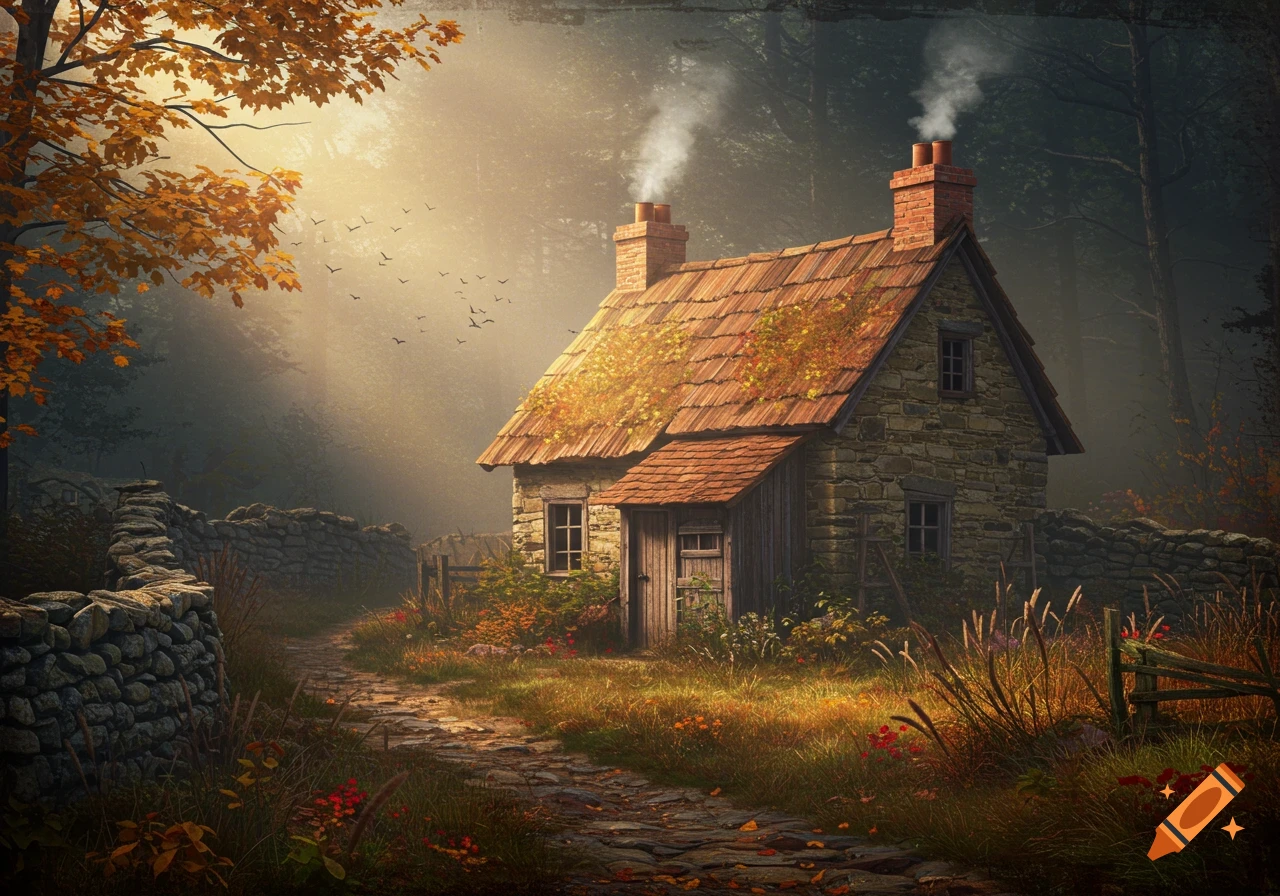 A cozy stone cottage with smoke rising from chimneys sits on a path by a stone wall in a misty autumn forest. Painterly style.