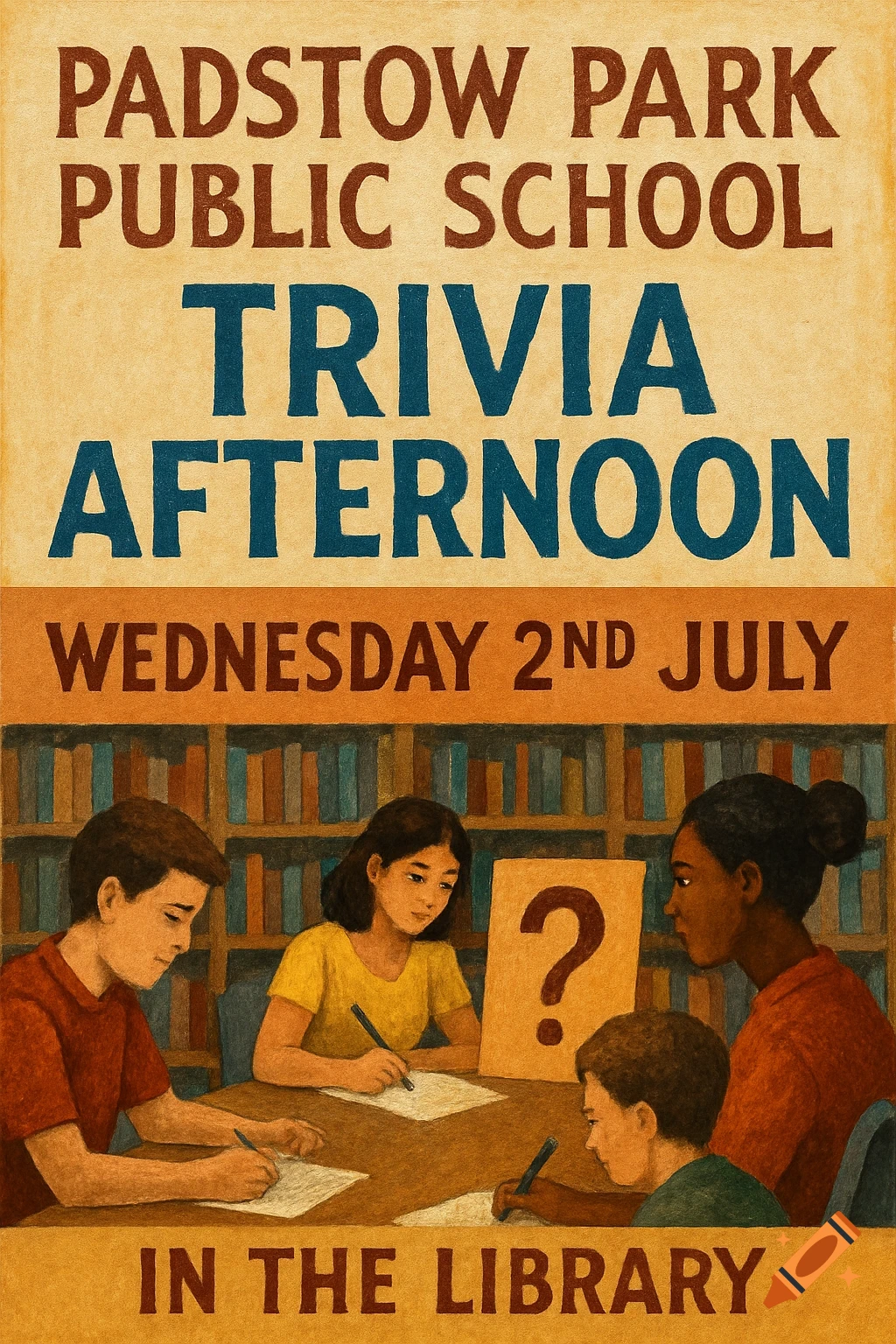 Illustrated poster for a school trivia event in a library with children writing.
