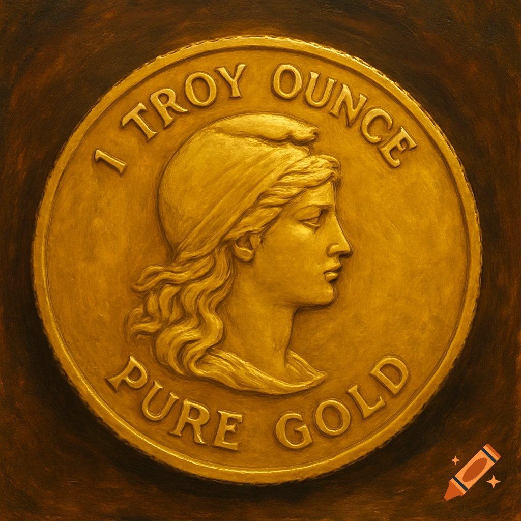 A detailed golden coin with text around the edge.