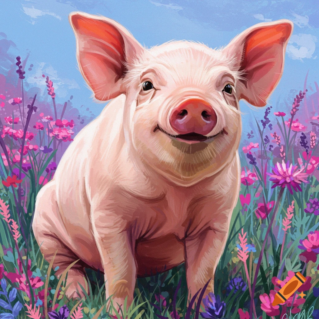 A happy pink pig sits in a field of colorful purple and pink flowers under a blue sky, painted in an illustrative style.