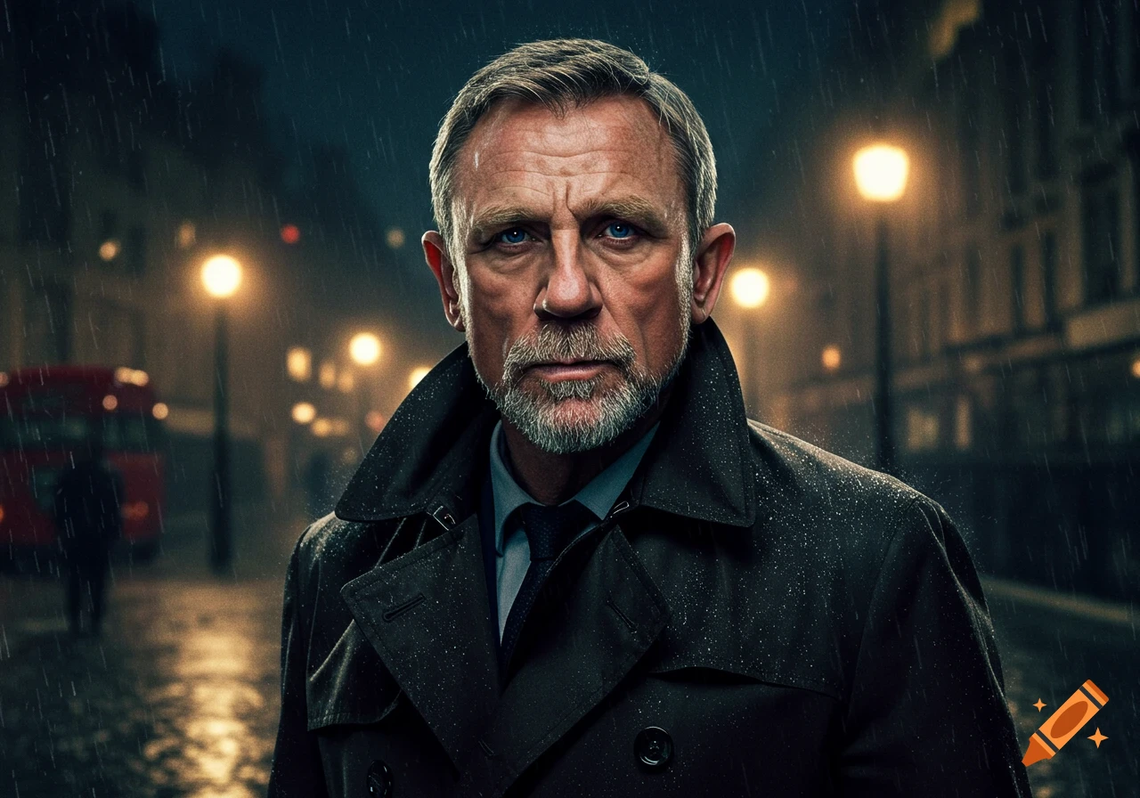 A man resembling James Bond stands in the rain on a city street at night, wearing a trench coat.