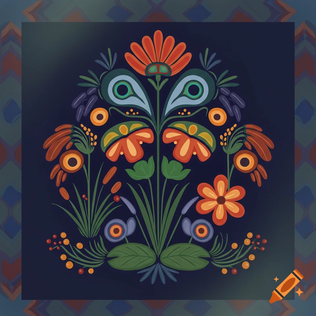 Colorful symmetrical floral design in Ojibway style on dark background