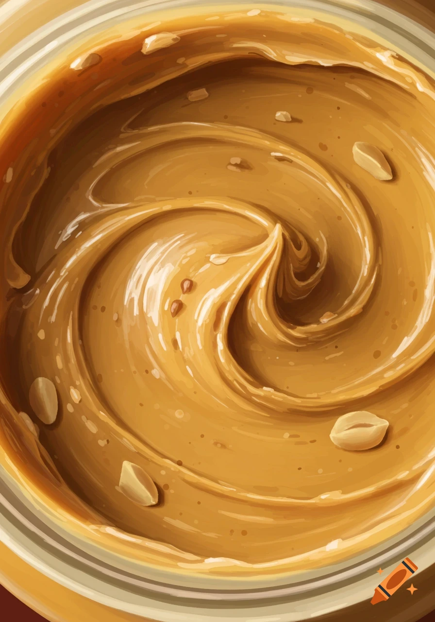 Close-up view looking down into a swirling jar of creamy peanut butter.