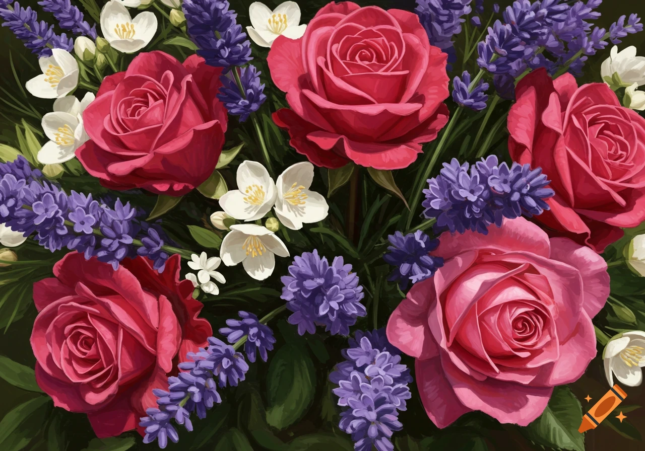 Close-up digital painting of a bouquet with pink roses, purple lavender, and white jasmine flowers.