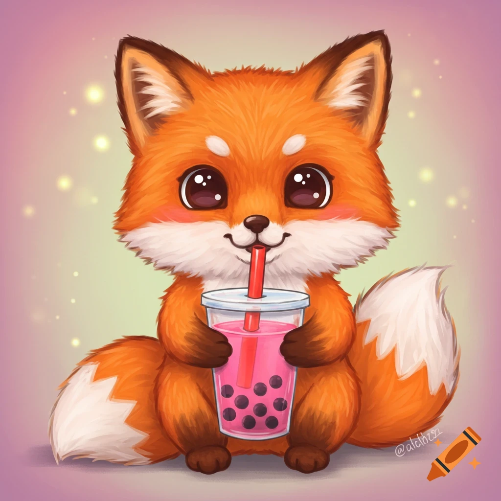 Cute cartoon fox drinking pink boba tea