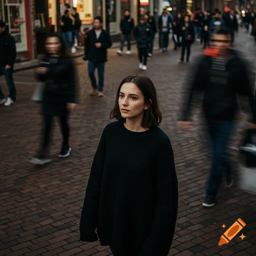 A woman stands still in a blurry, crowded city street with moody lighting, focused clearly in the foreground.