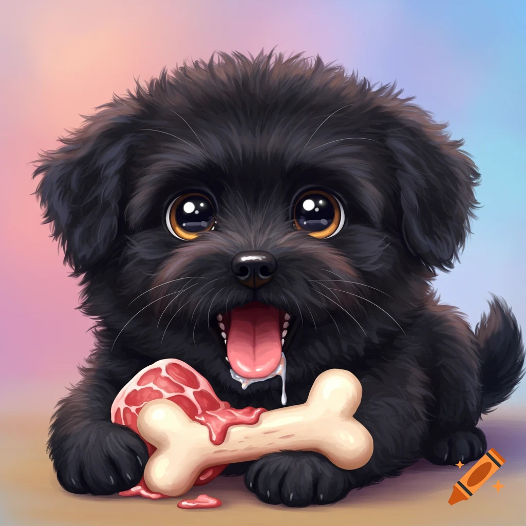 Stylized illustration of a fluffy black puppy with big eyes holding a meaty bone in its paws.