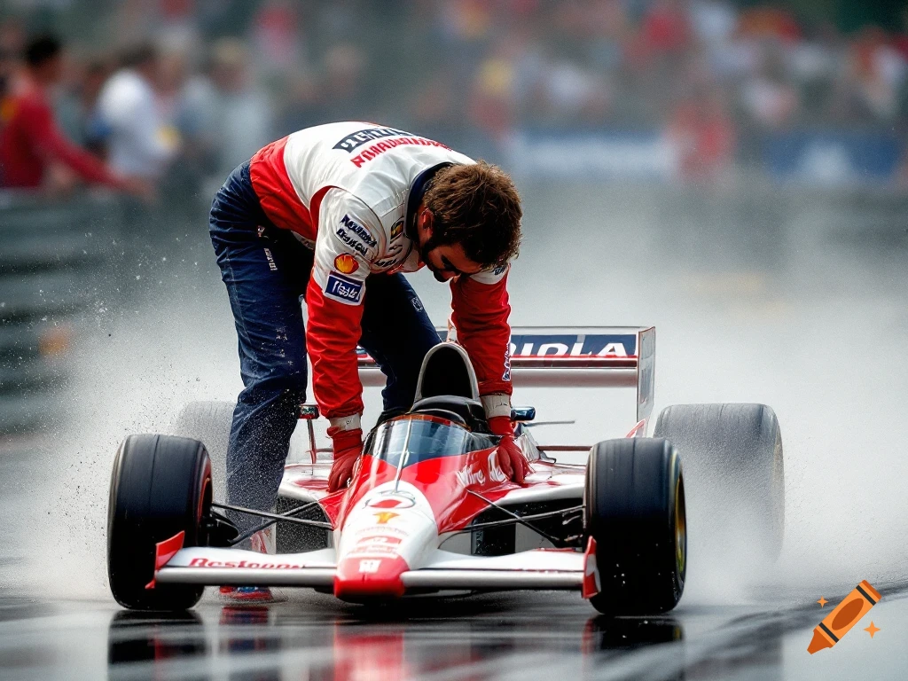 Race car driver bends over a red and white car on a wet track.