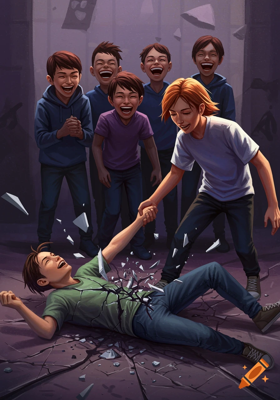 Illustration of a boy breaking apart on the ground, helped by another boy while others laugh.