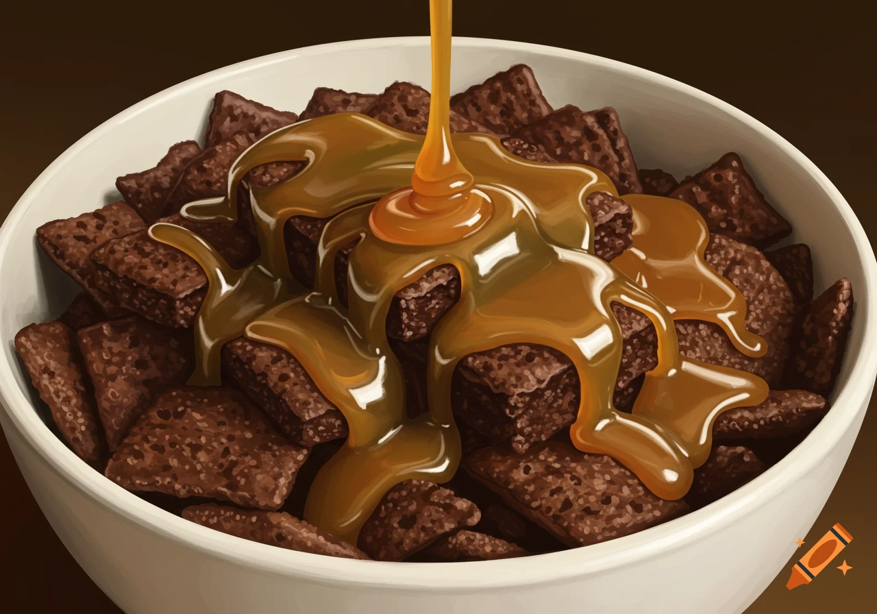 A bowl of brown cereal is covered in dripping caramel.