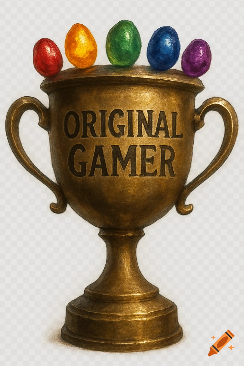 Illustration of a bronze trophy with 'ORIGINAL GAMER' text and five colorful stones on top.