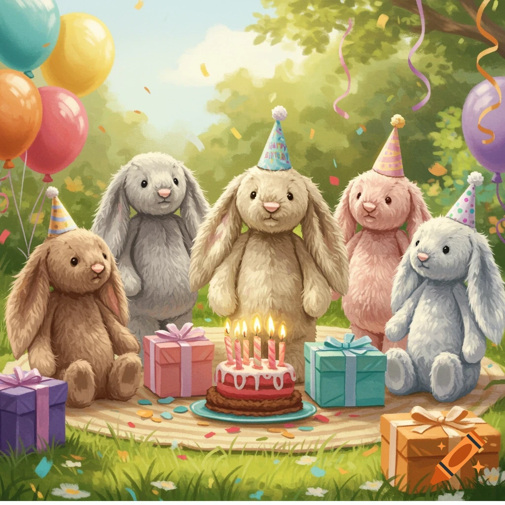 Stuffed bunnies wearing party hats celebrate a birthday with cake, presents, and balloons in a painted illustration style.