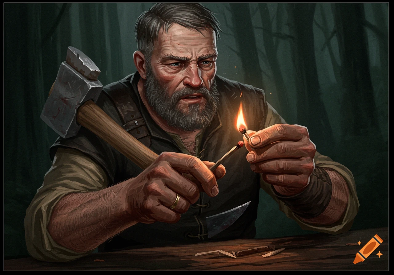 A bearded man in a forest tries to light a match using the edge of an axe.