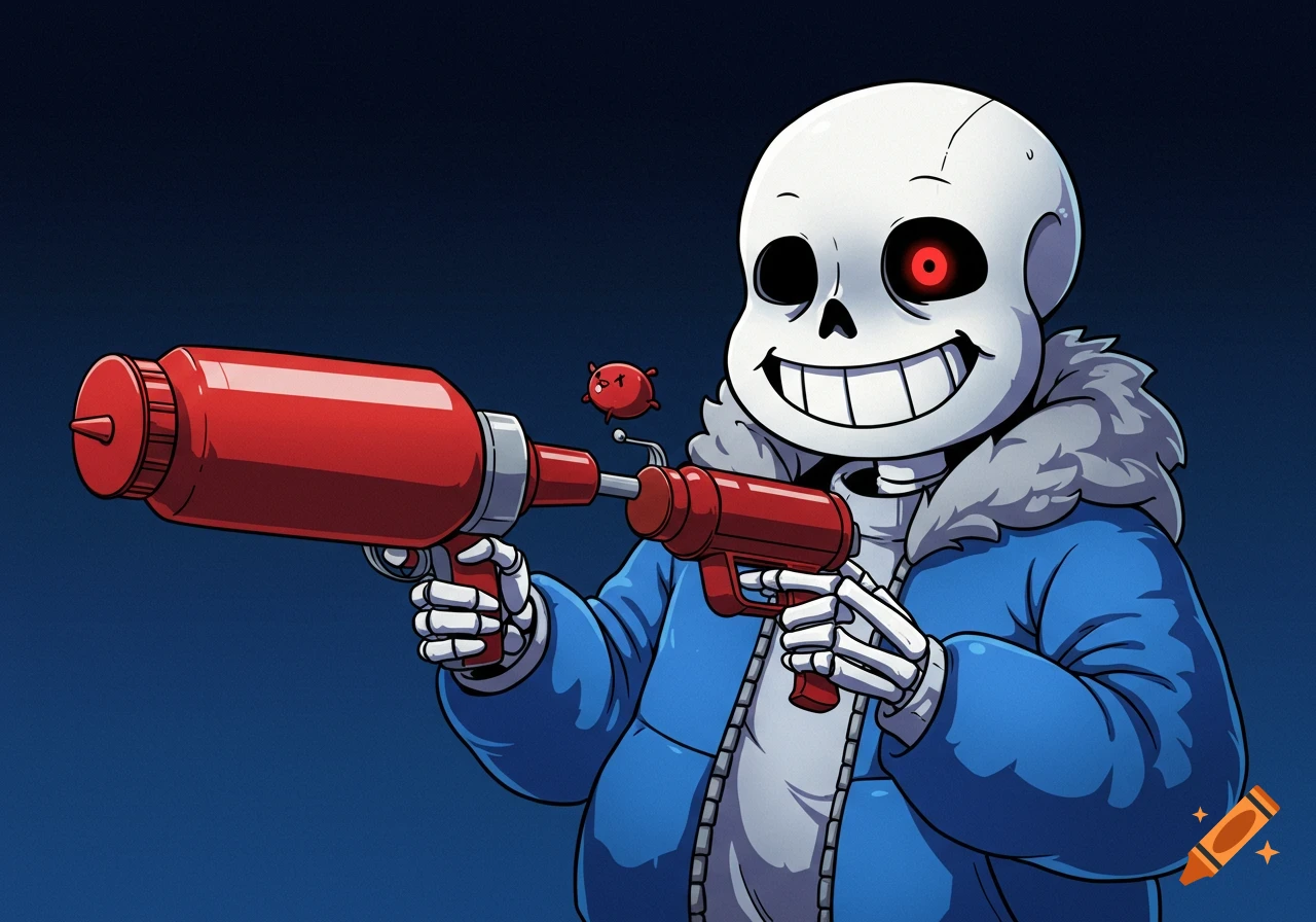 Cartoon illustration of Sans the skeleton holding a ketchup bottle and a small blaster, aiming forward.