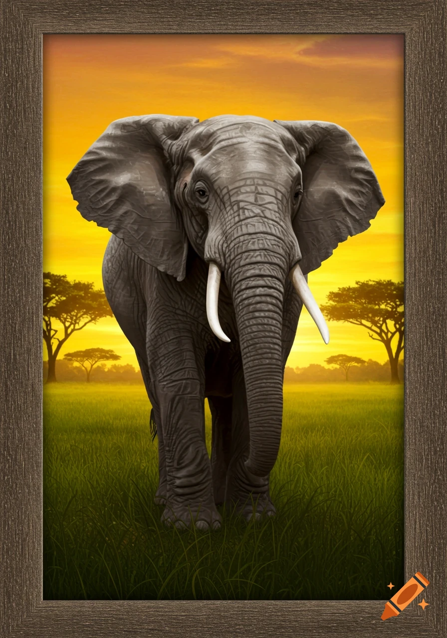 Painting of an elephant standing in a savanna landscape with a sunset, framed.