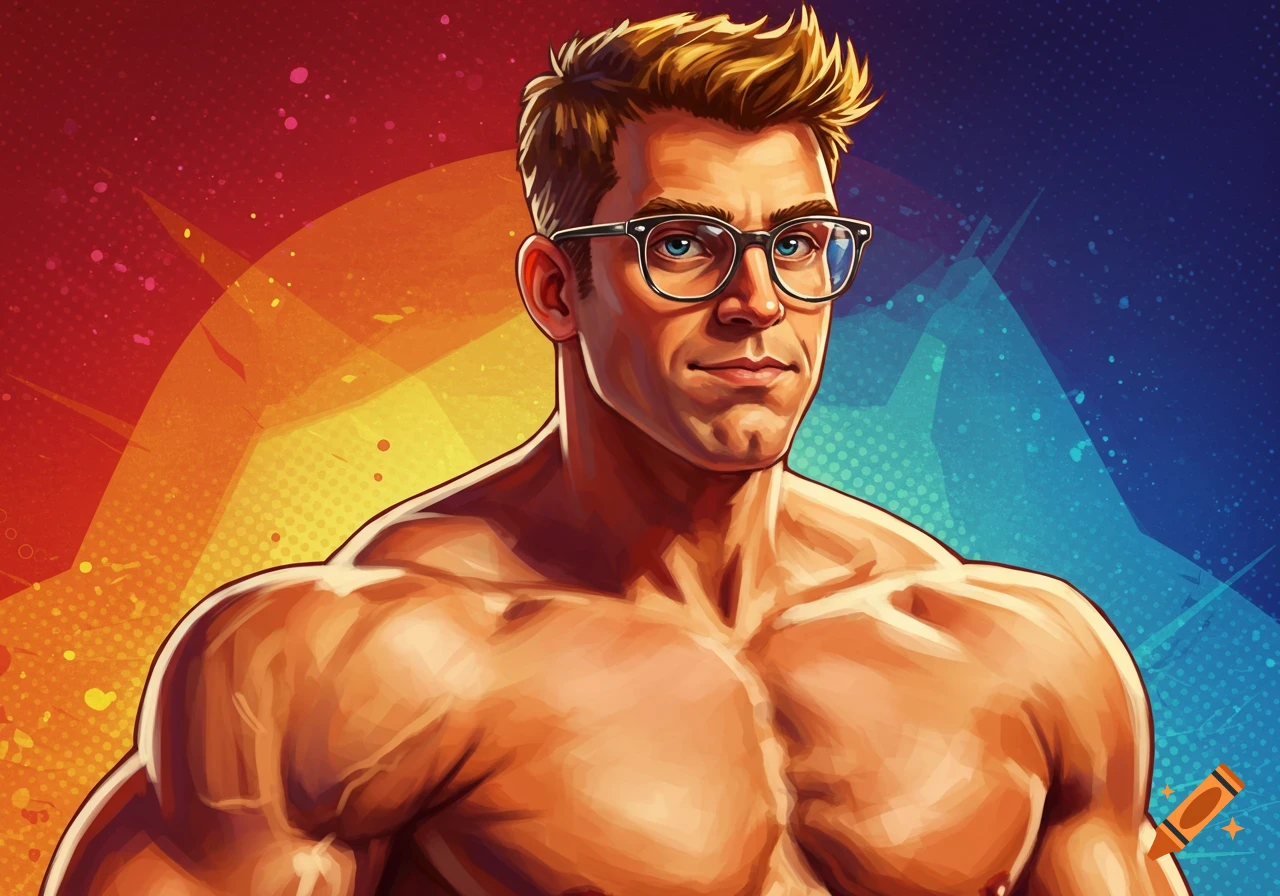 Stylized portrait of a muscular man with glasses against a colorful background.